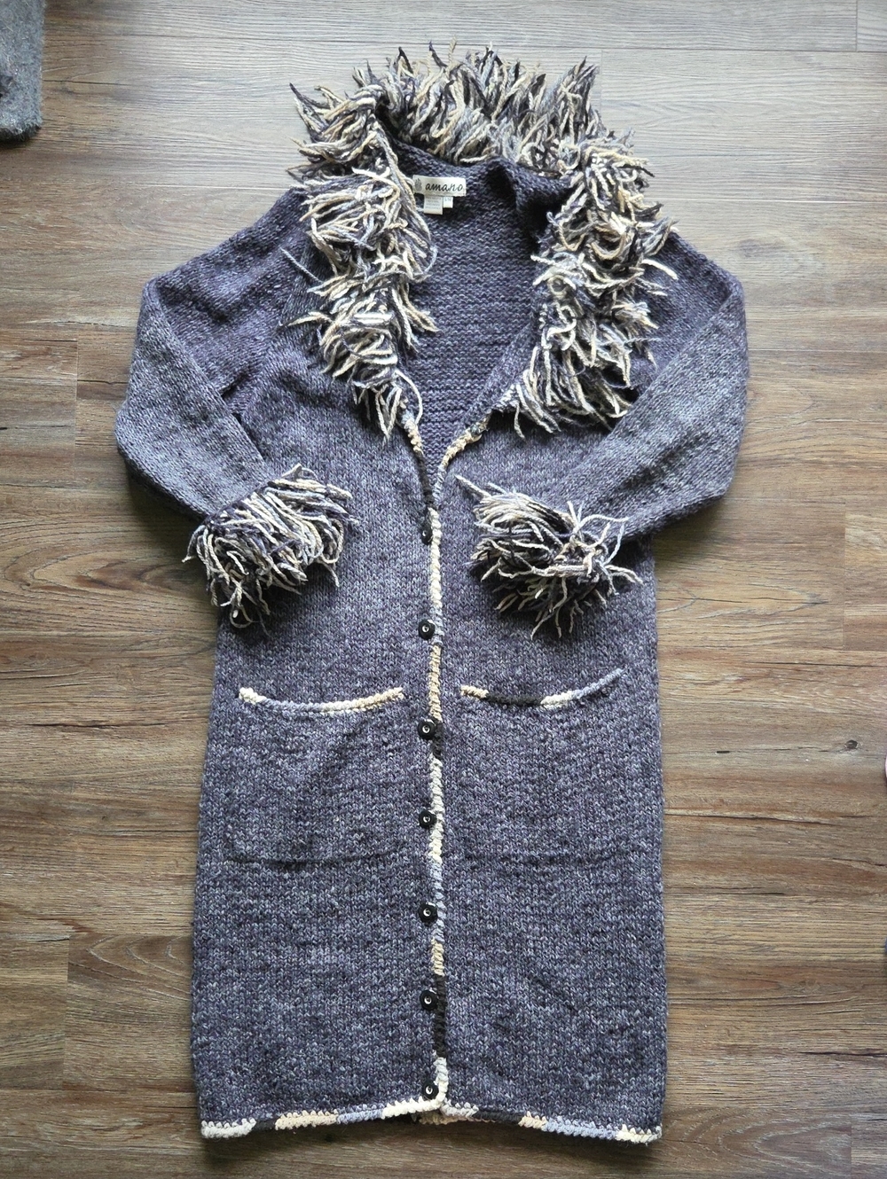 Amano Vintage 100% Wool Blue Gray Fringe Sweater Cardigan Size Small Medium